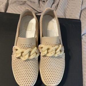 Dolce Vita Cream Perforated Loafers with Chain Accent